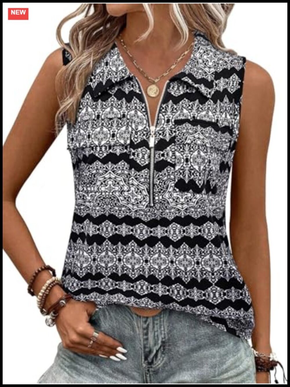 Womens Tank Top Collared Quarter Zip Sleeveless V Neck Tunic